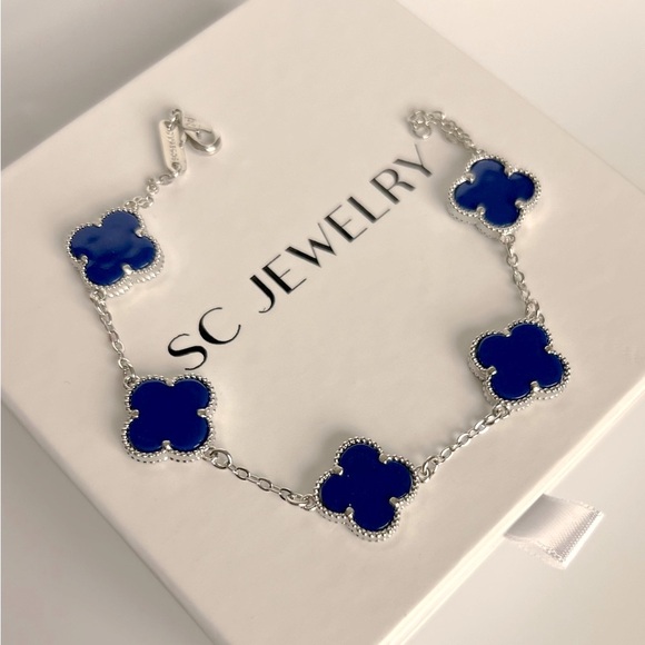 Last 3 🔥 Royal Blue Clover Bracelet Double Sided Silver Color Four Leaf - Picture 2 of 10